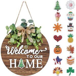 Interchangeable Seasonal Welcome Sign Front Door Decoration, Rustic Round Wood